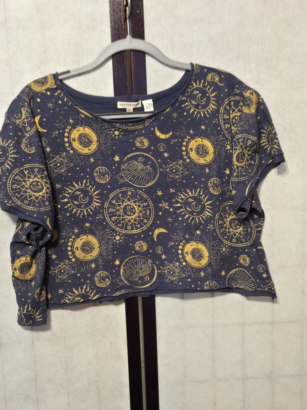 EARTHBOUND Navy Crop Tee with Gold Celestial Print